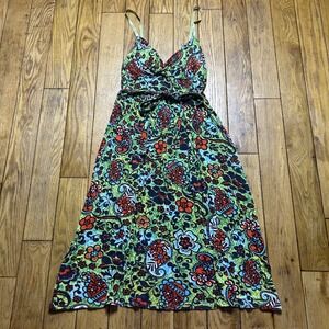 Vintage Boho Paisley Floral Sleeveless Midi Dress‎ Green Blue Orange Belted